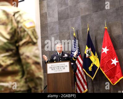 Maj. Gen. Jansen D. Boyles, adjutant general of Mississippi, speaks to troops during a promotion for Col. (P) Michael Cleveland, commander of 66th Troop Command, at Camp Shelby Joint Forces Training Center, Mississippi, March 6, 2021. Cleveland recently took command of 66TC. Stock Photo