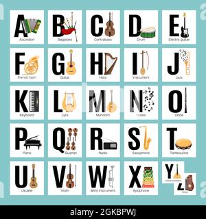 Alphabet with musical instruments and items Stock Vector