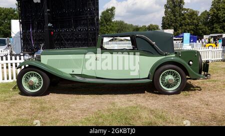 Side view of a 1930, Rolls Royce Phantom II, on display in the 1930's Style and Elegance section of the 2021 London Classic Car Show. Stock Photo