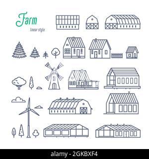 Farm buildings and elements icons set. Various rural houses, greenhouses and wooden buildings. Outline style vector illustration on white background. Stock Vector