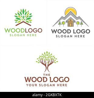 Wood industrial home eco friendly tree logo design Stock Vector