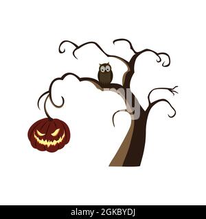 Halloween horrible pumpkin hanging on a gnarled tree branch, owl, eagle owl. Isolated, white background. For design. Vector illustration Stock Vector