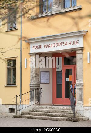 Weimar, Germany. 19th Apr, 2021. Freie Waldorfschule is written above the entrance to the school building. Credit: Thomas Müller/dpa-Zentralbild/ZB/dpa/Alamy Live News Stock Photo
