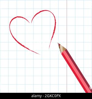Red hand drawn heart with thin line, divider shape, tangled grungy round scribble on white copy book sheet background and pencil Stock Vector