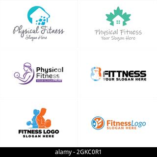 Physical Fitness gym man woman barbell logo design Stock Vector