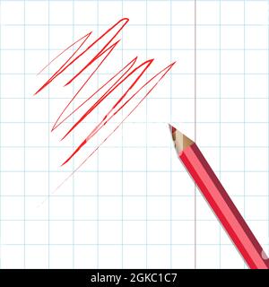 Red hand drawn scribble with thin line shape, tangled grungy round scribble on white copy book sheet background and pencil Stock Vector
