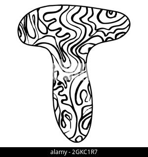 Zentangle stylized alphabet - letter T. Black white hand drawn doodle. Ethnic pattern. African, indian, totem, design, adult antistress coloring page. Stock Vector