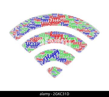wifi signal with multi color letters, word cloud Merry Christmas and Happy New Year Stock Photo