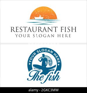 Restaurant fish sea fisherman emblem logo design Stock Vector