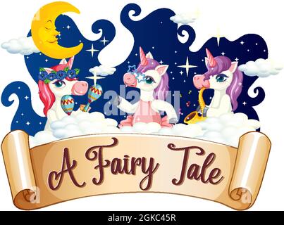 A Fairy Tale font with many unicorns cartoon character dancing on a cloud illustration Stock Vector