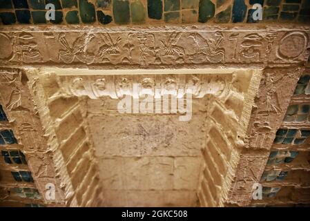 Giza, Egypt. 14th Sep, 2021. Hieroglyphic inscriptions are seen engraved on the wall of the restored southern cemetery of King Djoser, at the area of the Step Pyramid Djoser in Saqqara necropolis. Credit: Sayed Hassan/dpa/Alamy Live News Stock Photo