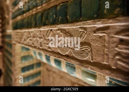 Giza, Egypt. 14th Sep, 2021. Hieroglyphic inscriptions are seen engraved on the wall of the restored southern cemetery of King Djoser, at the area of the Step Pyramid Djoser in Saqqara necropolis. Credit: Sayed Hassan/dpa/Alamy Live News Stock Photo