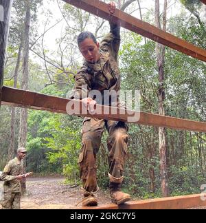 Hawaii Army National Guard Sgt. Isabel L. Jimenez climbs down Jacob's Ladder during the 2021 Hawaii Best Warrior Competition (BWC) obstacle course at Area X, Schofield Barracks, Hawaii, March 6, 2021. The BWC is an annual three day event that Soldiers and Non-Commissioned Officers of the Hawaii Army National Guard and Hawaii Army Reserve compete in to earn the title of 'Best Warrior'. The BWC tests the Soldiers' individual ability to adapt and overcome challenging scenarios and battle-focused events, testing their technical and tactical skills under stress and extreme fatigue. Stock Photo