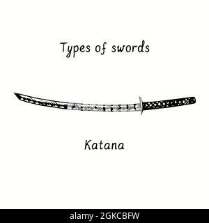 Types of swords. Katana. Ink black and white doodle drawing in woodcut style. Stock Photo