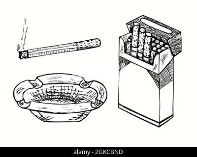 Hand drawn ashtray, cigarette with smoke lines, blank open cigarette package. Ink black and white drawing  illustration Stock Photo