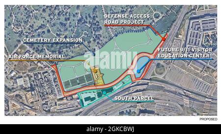 Site Plan produced by HNTB, 2020. Map depicting proposed future condition after completion of Defense Access Road project, Arlington National Cemetery Southern Expansion, and the 9/11 Visitor education center (to be completed by others). Stock Photo