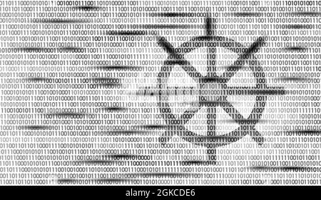 Wheel helm on container computer developer app concept. Business digital open source program. Data coding steering numbers flow vector line Stock Vector