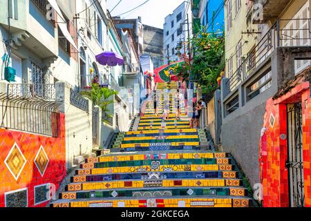 Symmetric view of the Selaron Steps (Escadaria Selaron) in the Napa district in Rio de Janeiro, Brazil. The art is by Chilean artist Jorge Selaron. Th Stock Photo