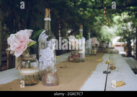 a decorated wedding table with centre pieces Stock Photo