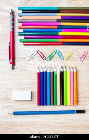 Back to school concept. school and Office supplies and various stationery on wooden background. Flat lay stylish set. Stock Photo