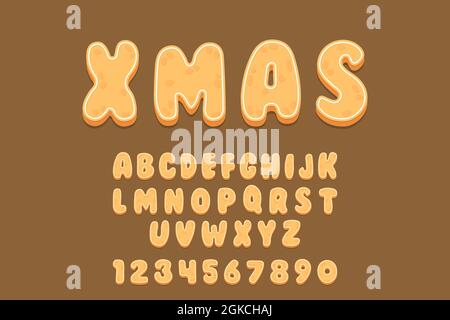 Gingerbread Cookies alphabet font. Cartoon letters and numbers with icing sugar covering. Vector illustration for your design. Stock Vector