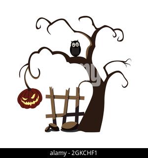 Spooky tree for Halloween with pumpkin, owl, owl, fence old broken boards, stones, for design and decor, isolated, white background. Vector illustration Stock Vector