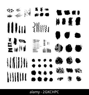 Set of grunge black paint, ink, strokes of charcoal pencil. Ink splatters, charcoal pencil grungy painted lines. Vector paintbrush set. Stock Vector