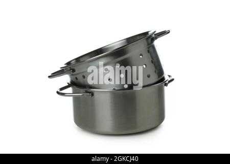 Metal pot with colander isolated on white background Stock Photo