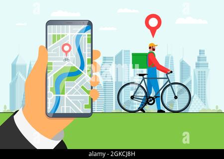 Express bicycle delivery ordering service app concept. Hand holding smartphone with geotag gps location pin on city street and fast bike shipping courier with backpack. Online application eps vector Stock Vector