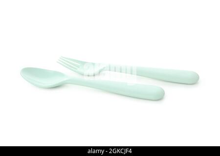 Plastic spoon and fork isolated on white background Stock Photo