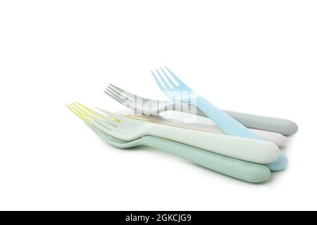 Colorful plastic forks isolated on white background Stock Photo