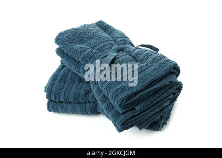 Fresh blue towels isolated on white background Stock Photo