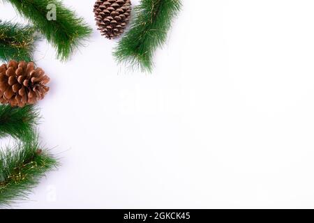 Composition of fir tree branches with pine cones and copy space on white background Stock Photo