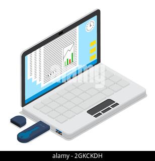 isometric open portable notebook. with USB stick for digital signature. Secure contract conclusion electronically. Modern technology. 3d vector on whi Stock Vector