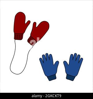 Doodle mittens, cartoon gloves design. Winter vector colorful illustration isolated on white background. Stock Vector