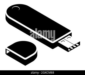 monochrome Isometric USB flash drive with key to important digital data. Reliable protection of information from hacking. Electronic digital signature Stock Vector