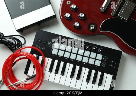 Set of different musical instruments on white background. Stock Photo