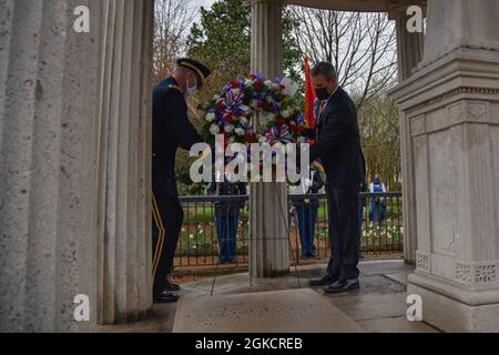 Gov. Bill Lee and Maj. Gen. Jeff Holmes, Tennessee’s Adjutant General, place a wreath at the tomb of President Andrew Jackson, on what would have been his 254th birthday, at The Hermitage, March 15. Every year a wreath is placed at the tomb of the seventh president of the United States, honoring his service to his country and celebrating his life. Stock Photo