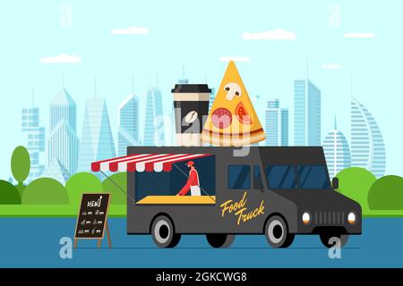 Fast food black truck with baker outdoor in city park. Pizza slice and coffee paper cup on van roof. Meal delivery van service. Fair on street with catering wheels. Vector eps advertising illustration Stock Vector