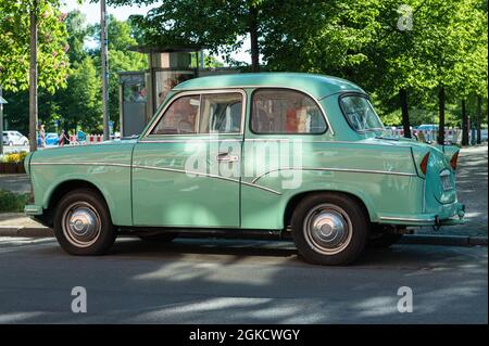beautifully restored old green Trabant 500 from the left Stock Photo