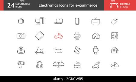 Electronics icons for e-commerce, icons like microprocessor, computers, pc, teleworking, smartphones, home automation, washing machine, etc. Stock Vector