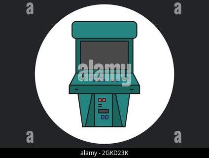 Digitally generated image of arcade game machine icon on round white banner against black background Stock Photo