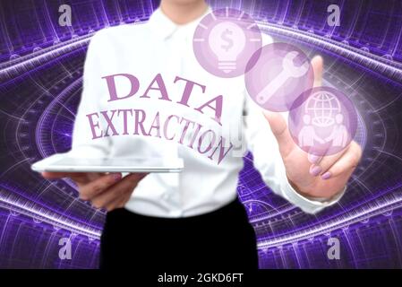 Text sign showing Data Extraction. Business approach act or process of retrieving data out of data sources Lady In Uniform Holding Phone Virtual Press Stock Photo