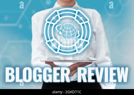 Hand writing sign Blogger Review. Business idea making a critical reconsideration and summary of a blog Lady Uniform Standing Tablet Hand Presenting Stock Photo