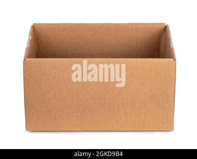 Empty brown carton box, isolated on a white background. Flaps folded insde. Stock Photo