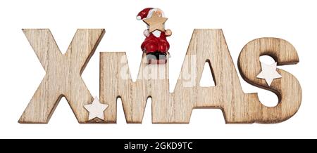 Wooden Xmas text Christmas decoration with little santa siting on top. isolated on white background. Stock Photo