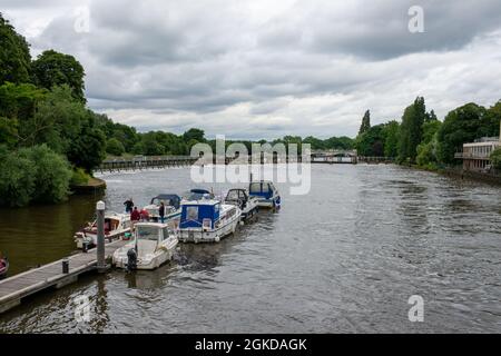 Boats moored on the River Thames at Teddington Lock Stock Photo