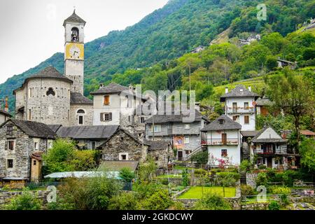 Charming old town Lavertezzo in alpine Verzasca valley, Canton of Ticino, Switzerland. Stock Photo