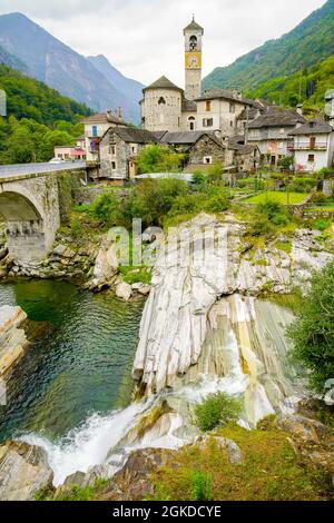 Charming old town Lavertezzo in alpine Verzasca valley, Canton of Ticino, Switzerland. Stock Photo