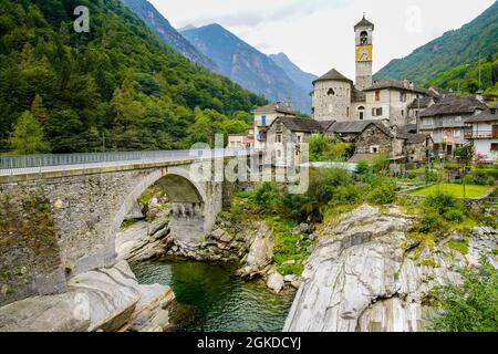 Charming old town Lavertezzo in alpine Verzasca valley, Canton of Ticino, Switzerland. Stock Photo